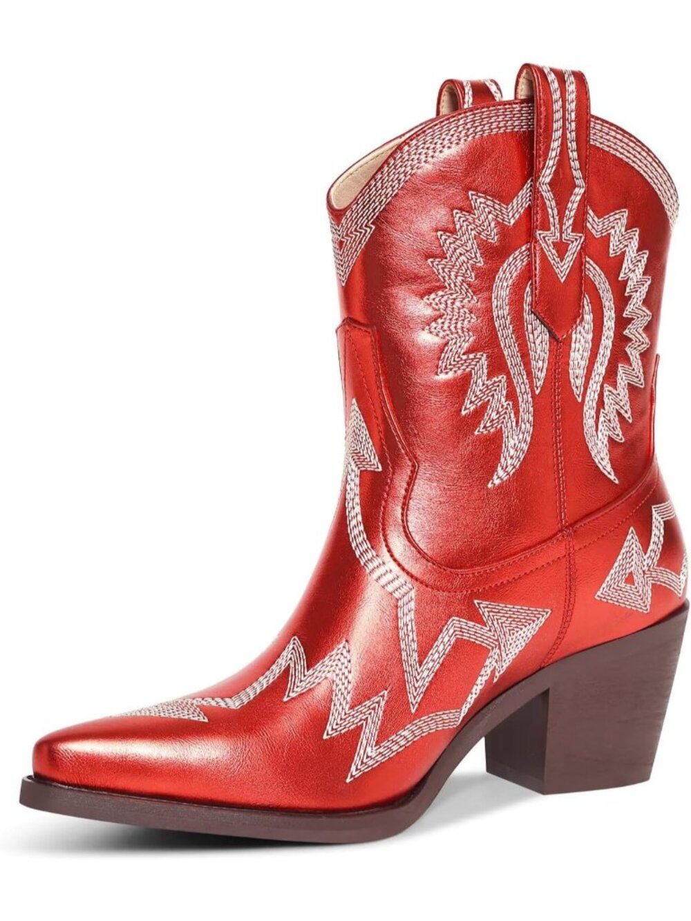 Women's Red Western Ankle Cowgirl Boots Chunky Pointed Toe Wide Calf Boots